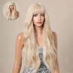 Qi Bangs White Gold Color Barbie Style Big Wave Long Curly Hair Fluffy Wig Full-Head Wig