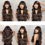 Fashion Women's Wig Long Curly Hair with Bangs Black Brown Big Wave Wig Head Cover
