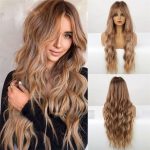 Women Wig Elegant Eight-Character Bangs Brown Long Curly Hair High Temperature Silk Chemical Fiber Headgear Wigs