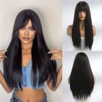 Black Long Straight Hair Straight Bangs Natural Daily Chemical Fiber Headgear Wig Female