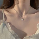 Double Layer Butterfly Pendant  Chain Necklace Womens Jewelry