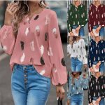 Womens Chiffon Spring T Shirt Feather Print Blouse Ladies Long Sleeve Tops