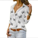 Fashion Butterfly Print Women Blouses Long Sleeve Turn-down Collar Blouse Shirt Casual Tee Tops Elegant Work Shirt