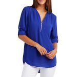 Cross-Border Hot Sale New Top European and American Women's Clothing Long Sleeve Bottoming Shirt Amazon plus Size Zipper V-neck Shirt