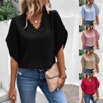 Women's Solid Color Lace V Neck Blouse Female 2024 Summer Flared Half Sleeve Shirt Streetwear Elegant Casual Loose Pullover Tops