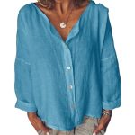 Cotton Linen Women V Neck Plain Tops Shirt Ladies Summer Casual Blouse Plus Size