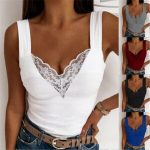 Womens Lace Sexy Sleeveless Tops Ladies V Neck Vest Casual Cami Blouse Shirt UK
