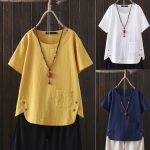 Summer Womens Cotton Linen Blouse Tops Ladies Loose Short Sleeve Pocket T Shirt