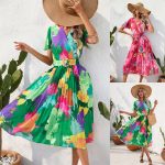 Women's Clothing Summer Printing Crumpled Mid-Length Skirt Short Sleeve Dress