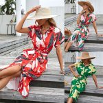 Women's Clothing Printing Dress Summer Slim Single-Breasted Short Sleeve Dress