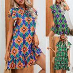 Women's Clothing 2024 Summer Printing Skirt Short Sleeve A-Line Skirt Round Collar