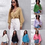 Women's Satin Silk Lapel Shirts Office Ladies Button Blouse Tops Long Sleeve