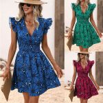 Women's Clothing Summer V-neck Tight Waist Sexy Large Flower Ruffled Sleeveless Dress
