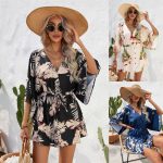 Women's Clothing Summer Leaf Printing Half-Length Sleeve Dress Short Skirt V-Neck
