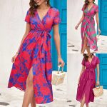 Women's Clothing Dress Summer Floral Print Slit V-neck Mid-Length Dress