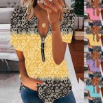 Womens Ombre Loose Ladies Tee Shirt Zipper Pullover Short Sleeve Blouse Tops