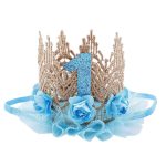 Pink Gold Rose Lace Mesh Crown Princess Birthday Party Hat One Year Old Sequined Crown Kids Girls Happy 1st Birthday Party Decor