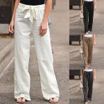 2024 Summer European and American Women's Clothing New Elastic Waist Solid Color Cotton Linen Wide Leg Pants Lace-up Large Size Loose Trousers for Women