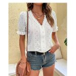 MiuKoMiYa Summer Princess Puff Sleeve Blouse Women 2024 Short Sleeve Shirts Hollow Out V Neck Top Women Blouses Office Slim
